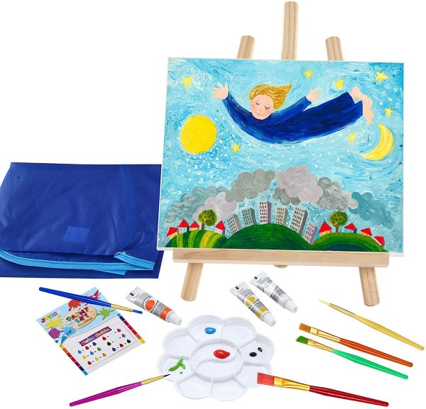 JOYIN 48 Pieces Art Painting Supplies for Toddlers and Kids with 12 Paint Brushes, 10 Painting Canvas, 2 Tabletop Easels, 2 Art Smocks, 18 Acrylic