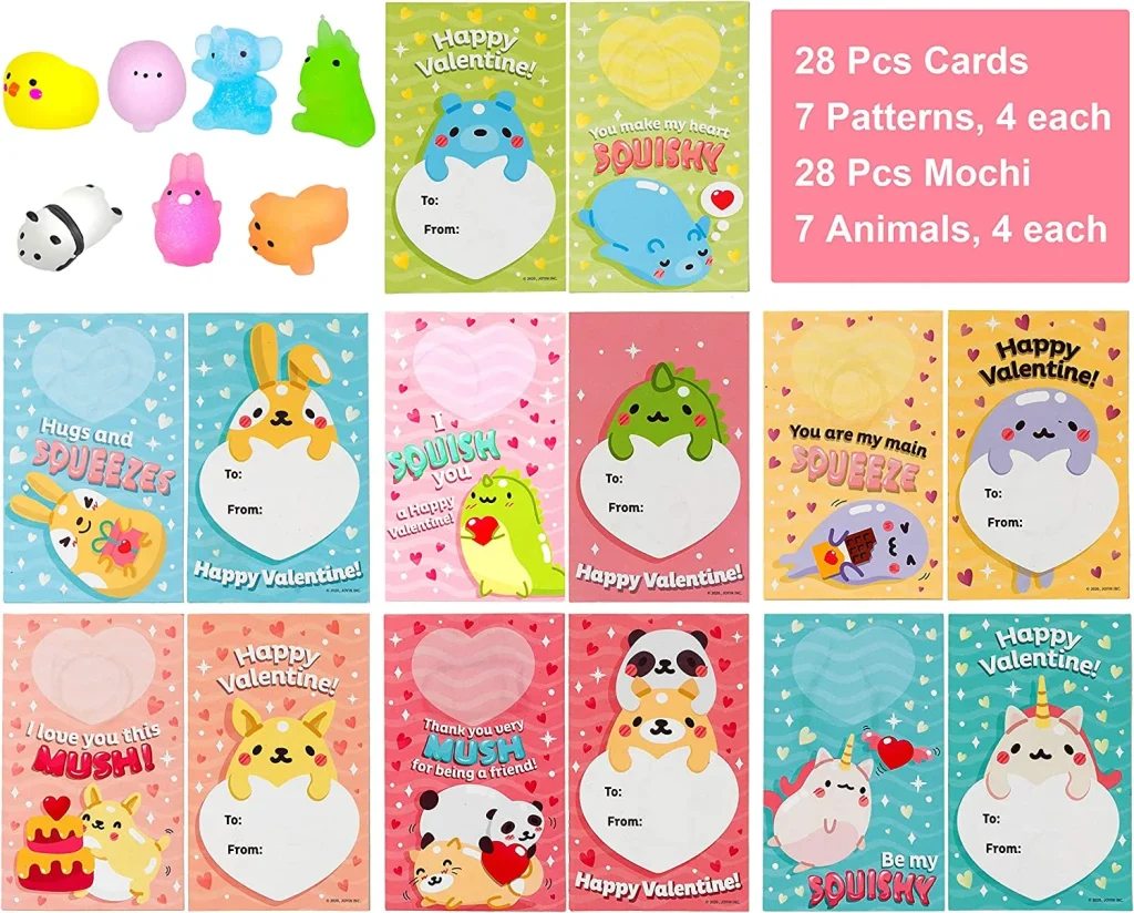 JOYIN 28 Packs Gift Cards with Glitter Mochi Squishy Toys, Stress Relief Fidget Toys for Kids Valentine’s Party Favor, Classroom Exchange