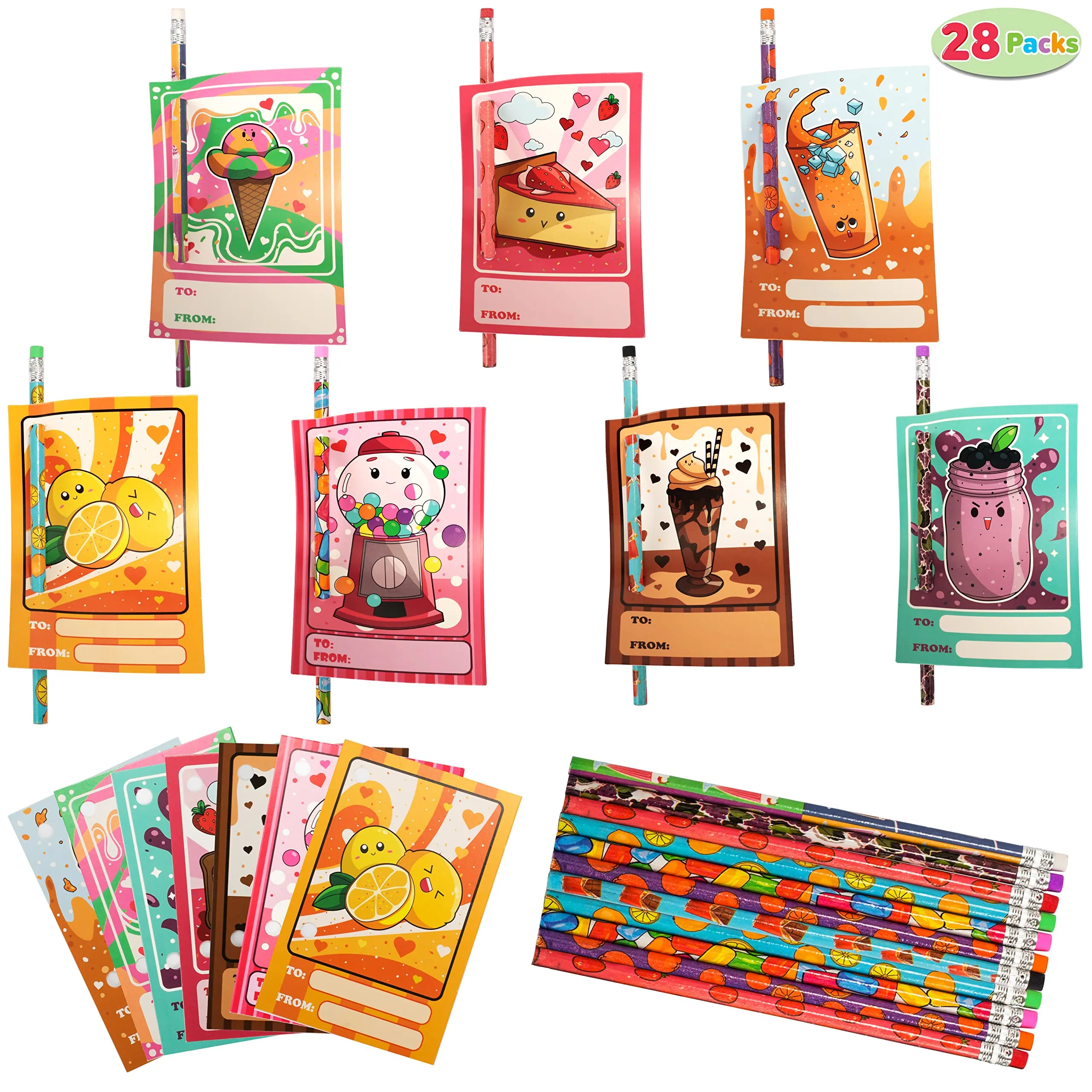 JOYIN 28 Packs Valentines Day Cards with Scented Pencils Kids, Valentine Gifts for Girls Boys School Classroom Exchange and Rewards,Valentine‘s