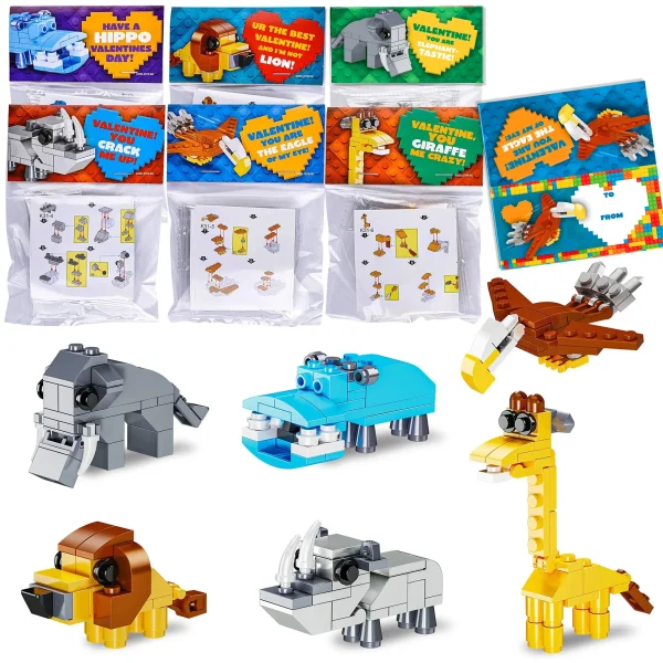 24 Packs Valentines Day Gifts for Kids Classroom-Dinosaur Building Blocks  with V