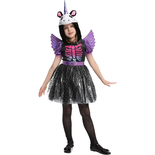 Fun Girls Dark Unicorn Skeleton Dress Halloween Costume