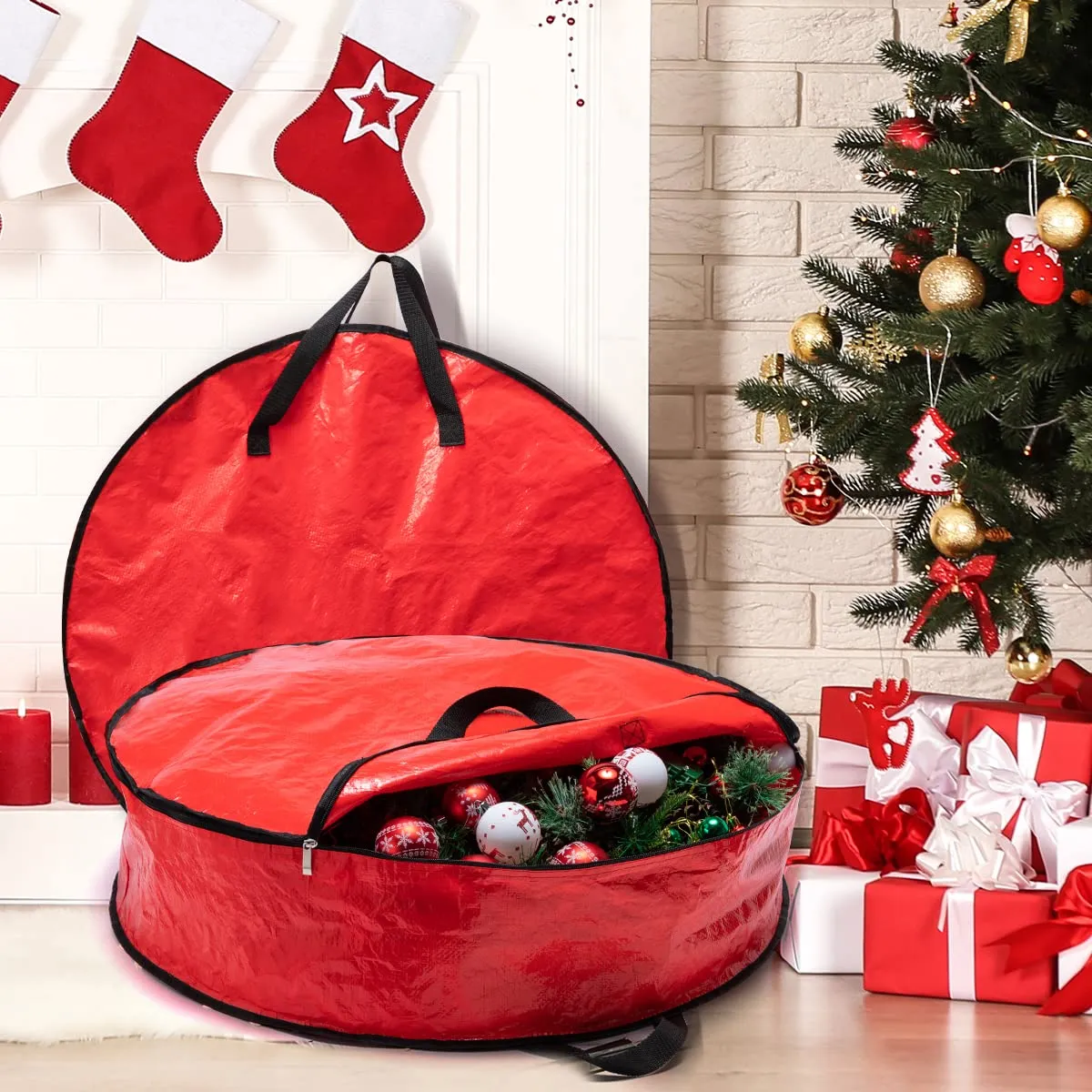 Red Christmas Ornament Storage Box with Adjustable Dividers