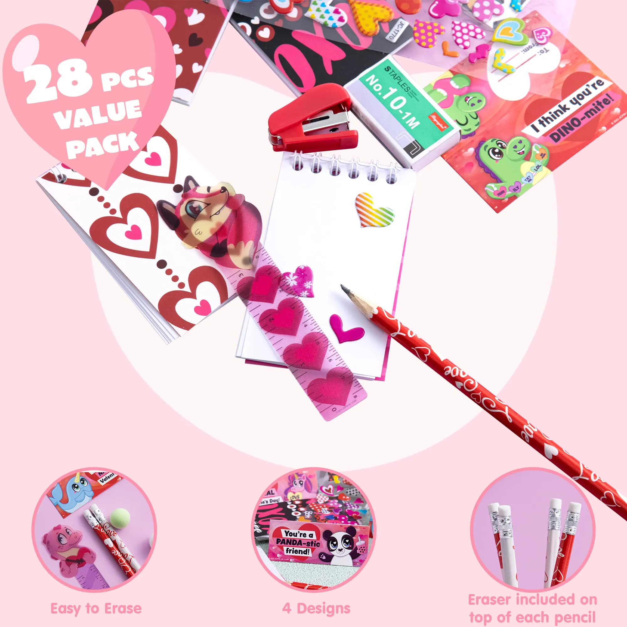 28pcs Valentines Themed Notepad, Pencil and Eraser Set for Kids