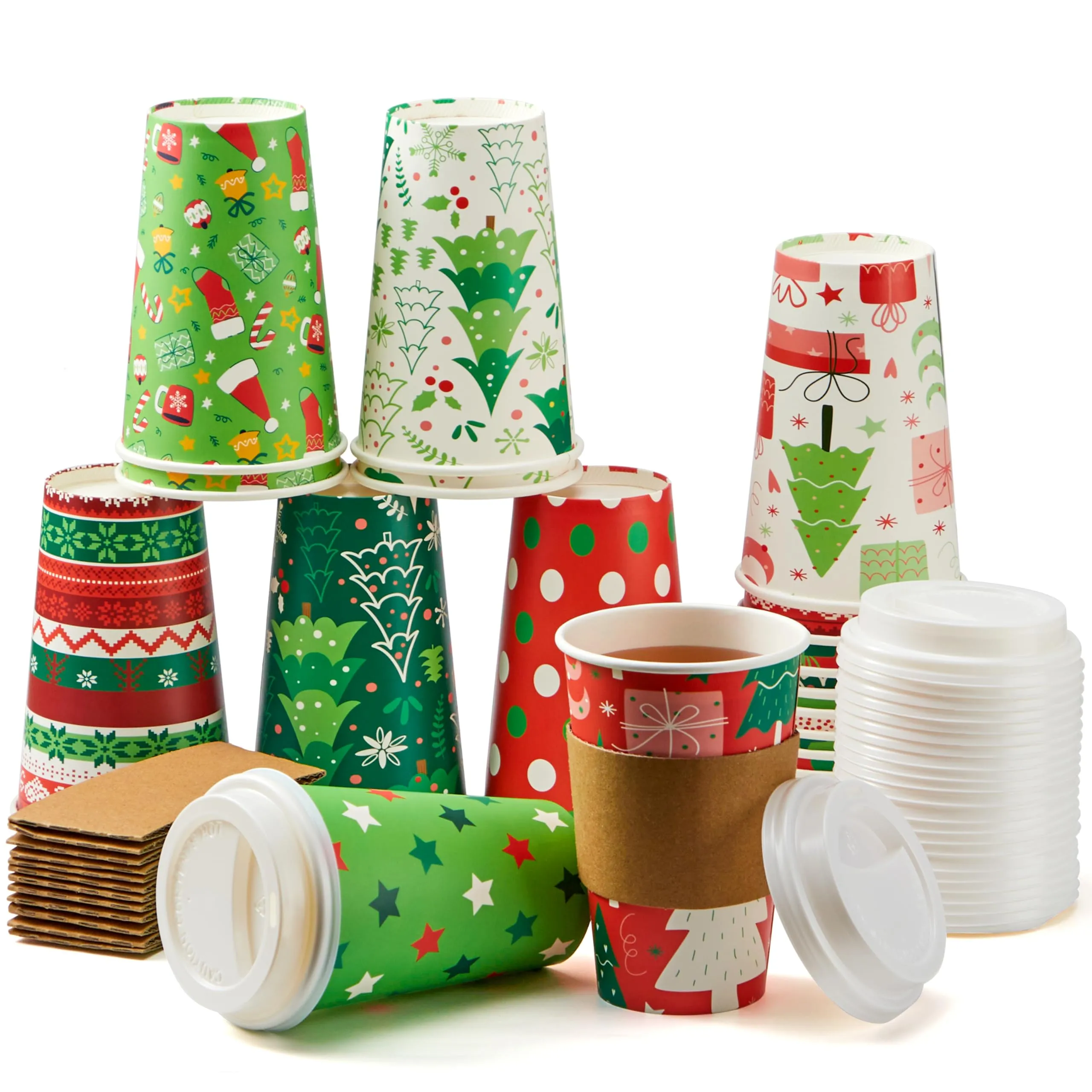 Syncfun 24 Pcs 16 oz Christmas Disposable Cups with Lids and Coffee Cup  Sleeves
