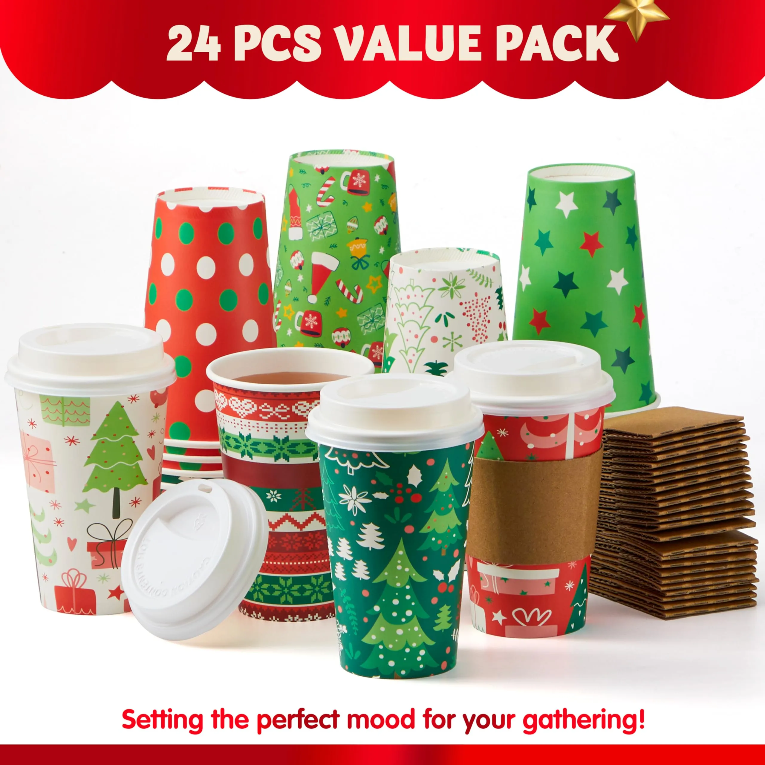  JOYIN 24 Pcs 16 oz Christmas Disposable Cups with Lids