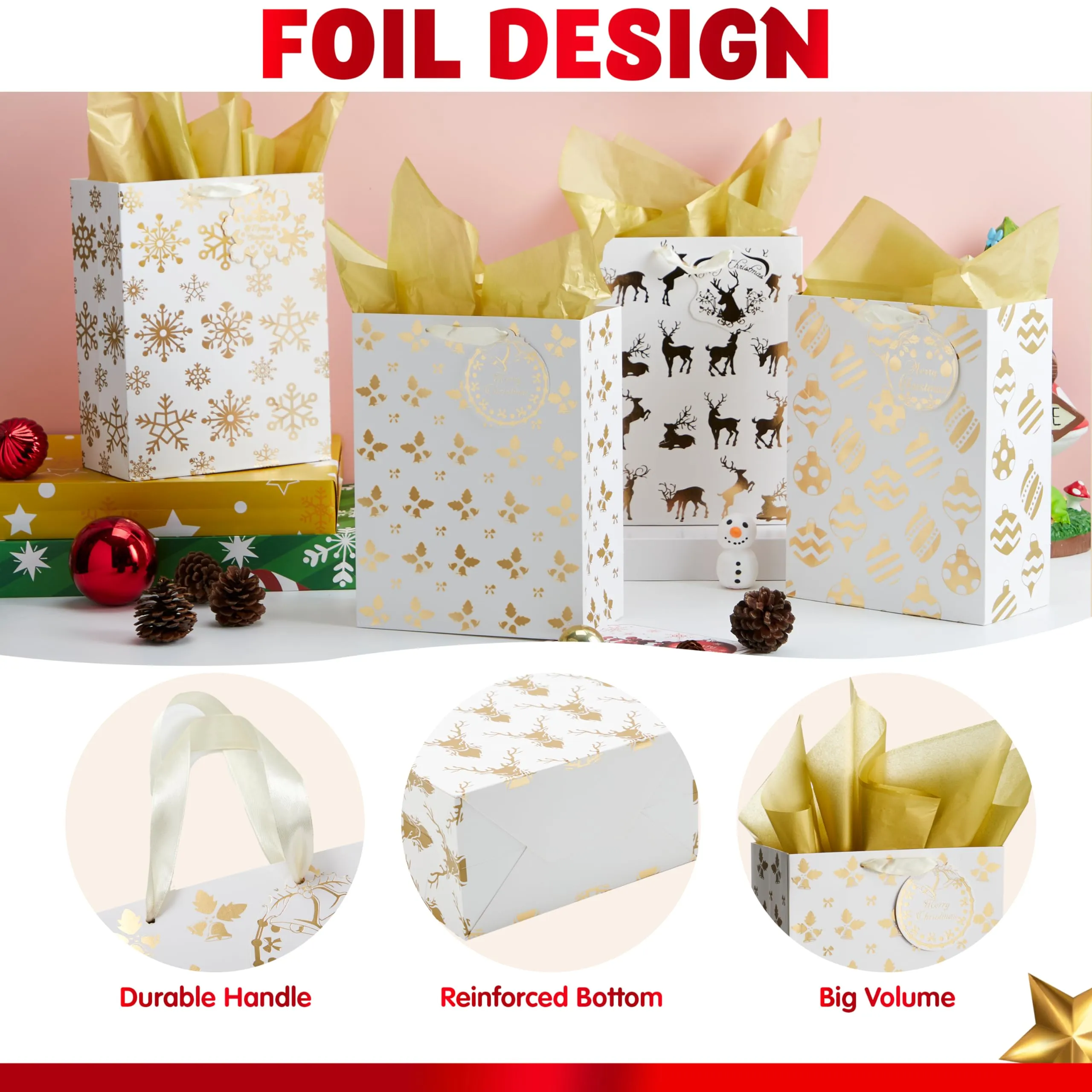Fun 6 PCS Christmas Holiday Foil Gold Gift Bags 8 x4.5 x10.5